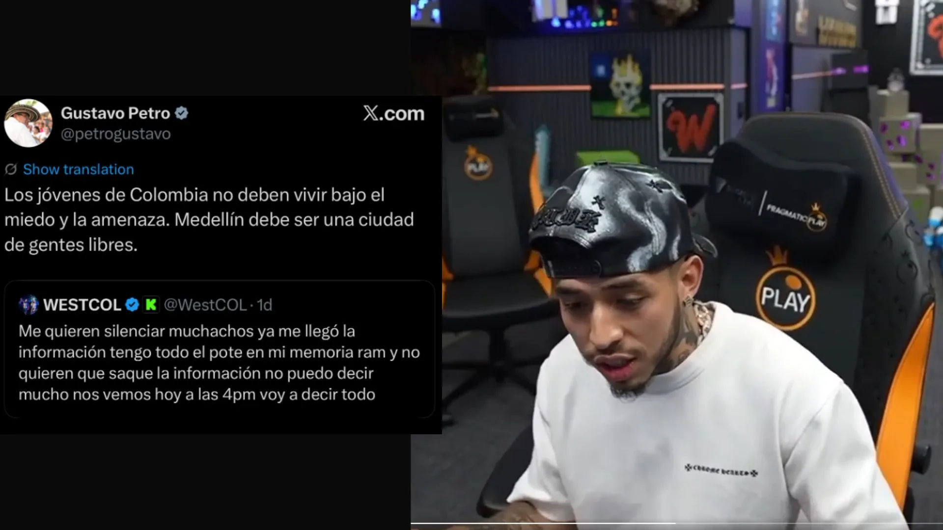 Así reaccionó Westcol cuando Petro citó su tuit de “me quieren silenciar” sin saber que el influencer hablaba de Minecraft.
